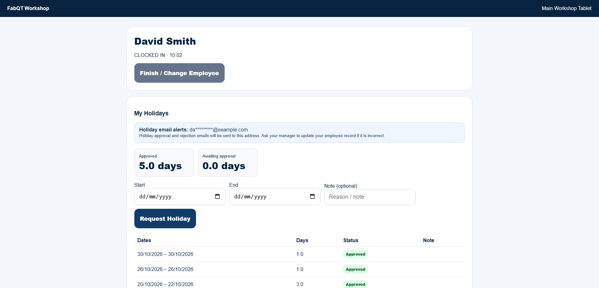 FabQT workshop kiosk showing an employee’s holiday requests, approved days and email notifications